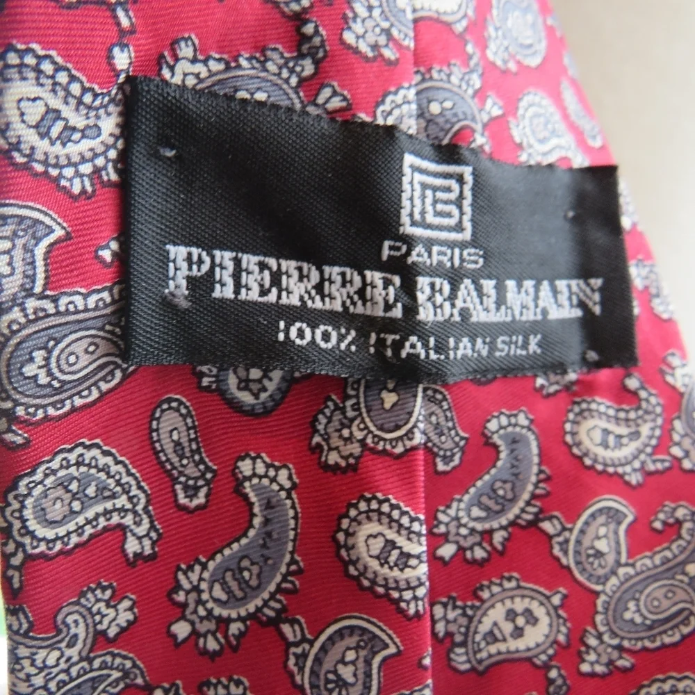 Vintage Pierre Balmain Paris Silk Red Gray Paisley Tie